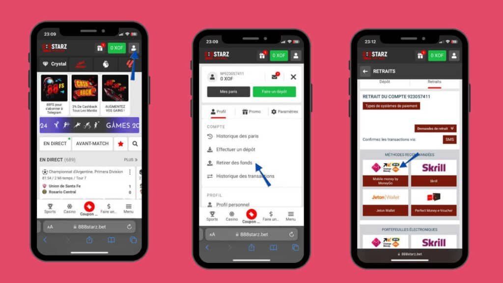 Retirer de l'argent sur 888Starz Côte d'Ivoire.